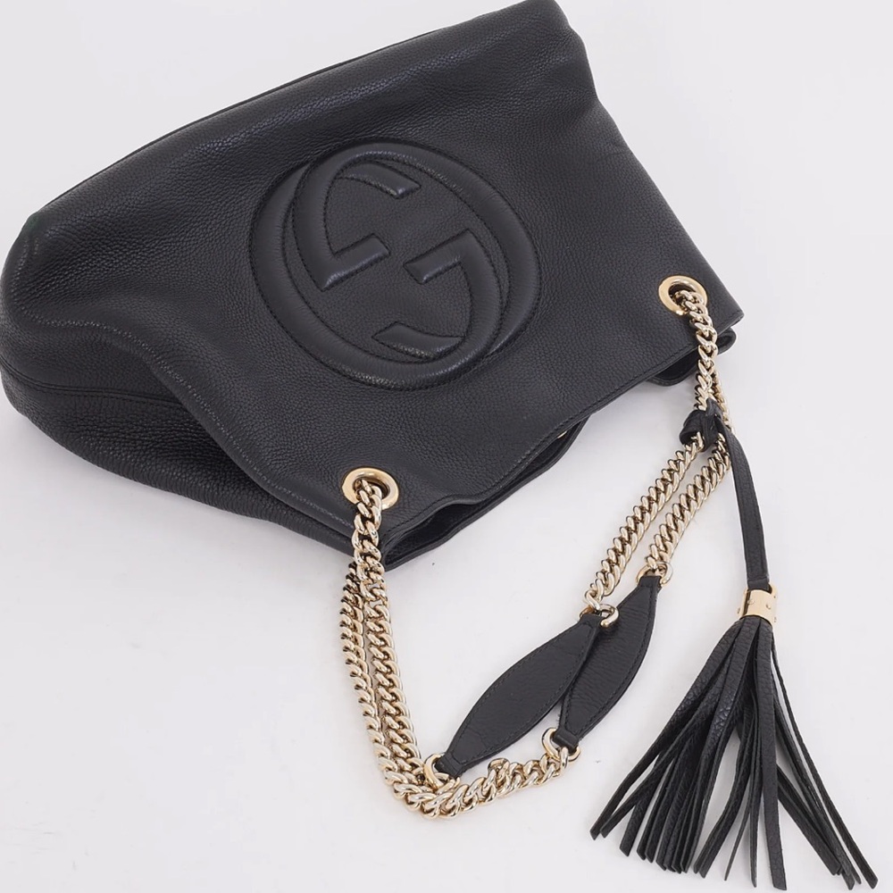 Gucci Black Leather SOHO Shoulder Bag with Gold Chain Straps